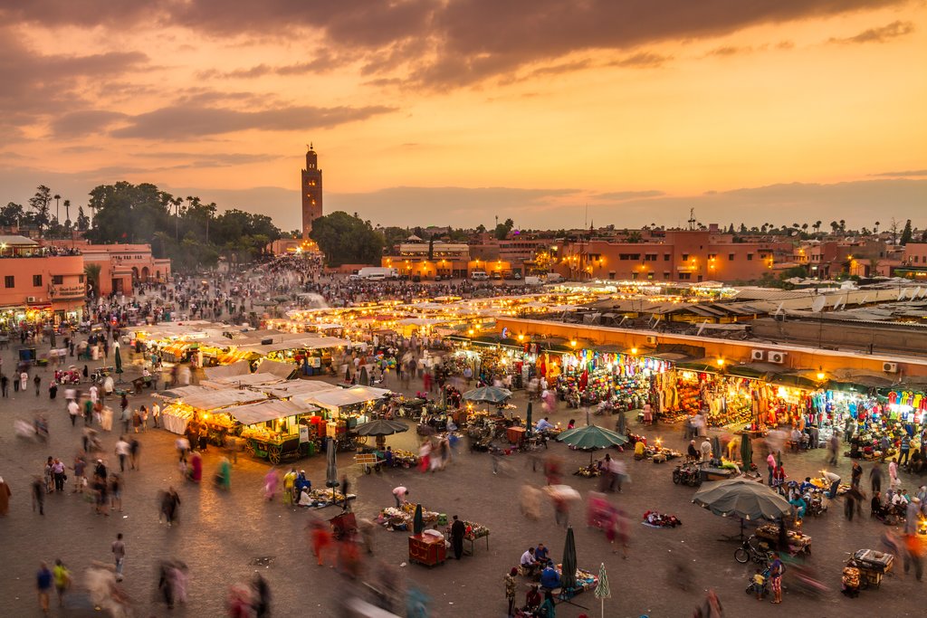 A brightly colored marketplace in Marrakech
